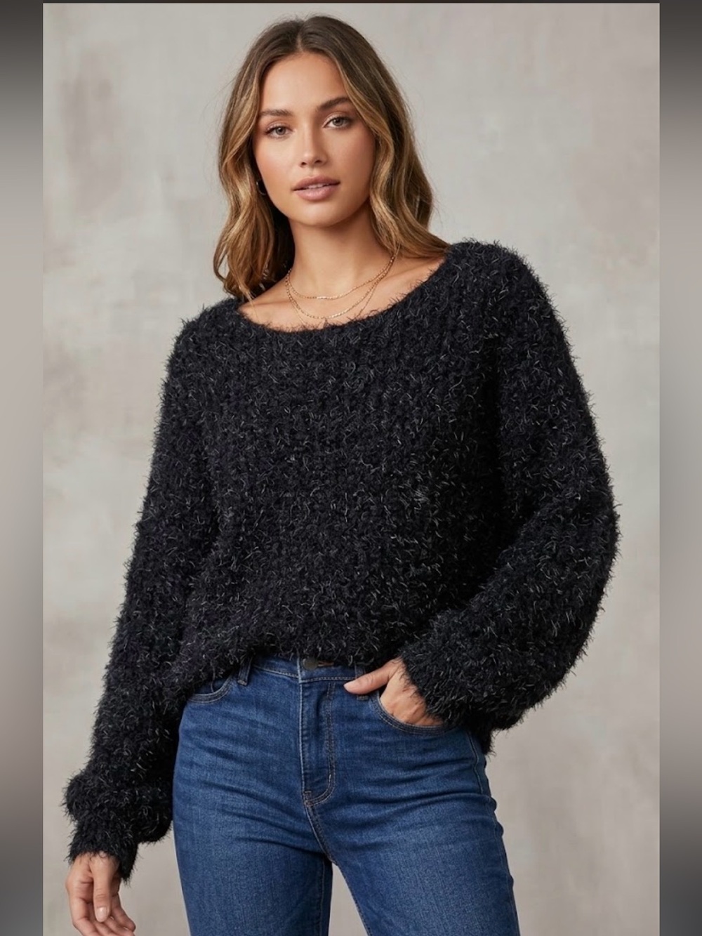 POL Black Fuzzy Cozy Scoop-Neck Sweater NWT